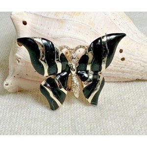 Black Enamel Butterfly with Gold Tone Stripes and Body Brooch - Vintage Gerry's
